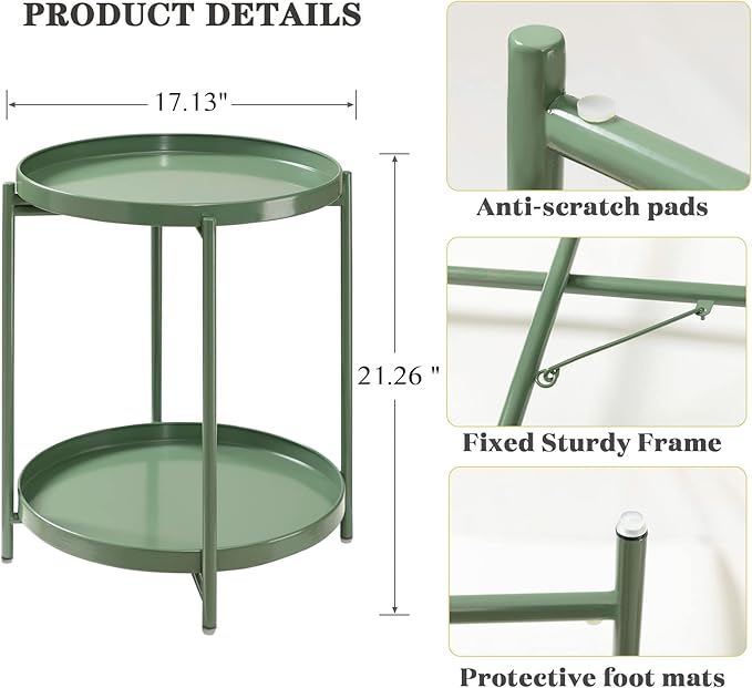 TeoKJ 2 Tier Green Side Table, Folding Round Metal End Table Small Nightstand - Image 3