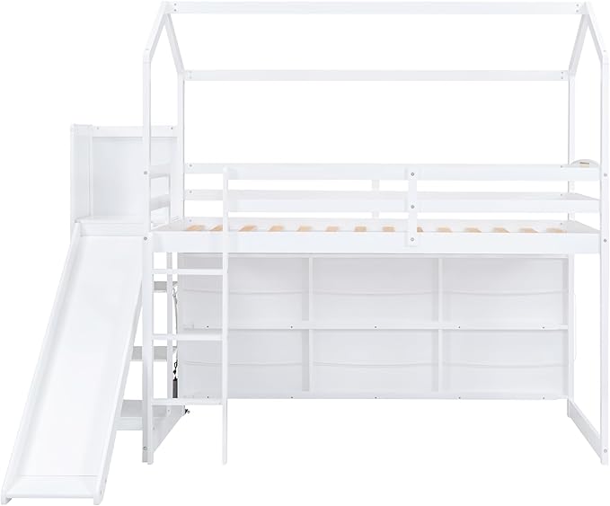 Twin Size House Loft Bed with Slide, Storage Shelves and Light, Wood Kids Bed - Image 5
