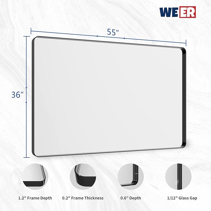 WEER 55X36 Inch Black Metal Framed Bathroom Mirror, Rounded Rectangular Matte - Image 6