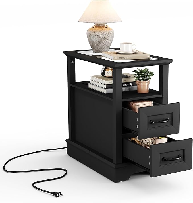 LINSY HOME End Table with Charging Station, Narrow Sofa Couch Side Table with by LINSYHOME