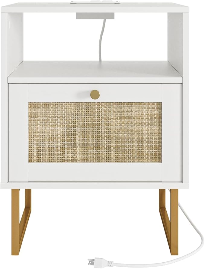 Rattan Nightstand with Charging Station, Boho Night Stand Farmhouse Wood - Image 9