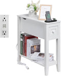 White End Table with Movable Top and Charging Station, Narrow Side Table with by LUSUOWLZ