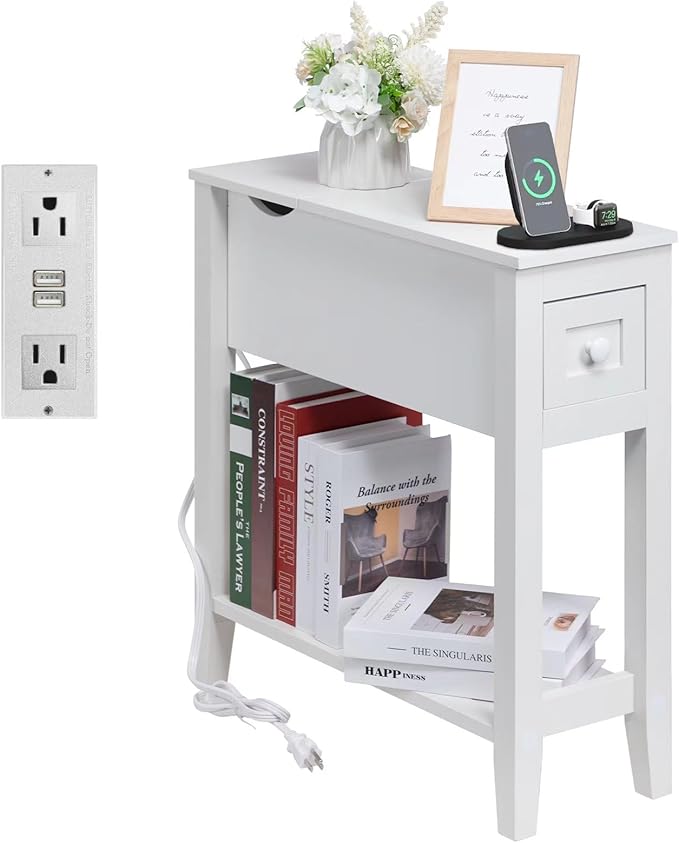 White End Table with Movable Top and Charging Station, Narrow Side Table with by LUSUOWLZ