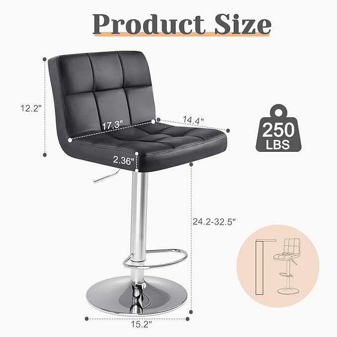 Sweetcrispy Bar Stools Set of 2, Armless PU Leather Adjustable Swivel Barstools - Image 3