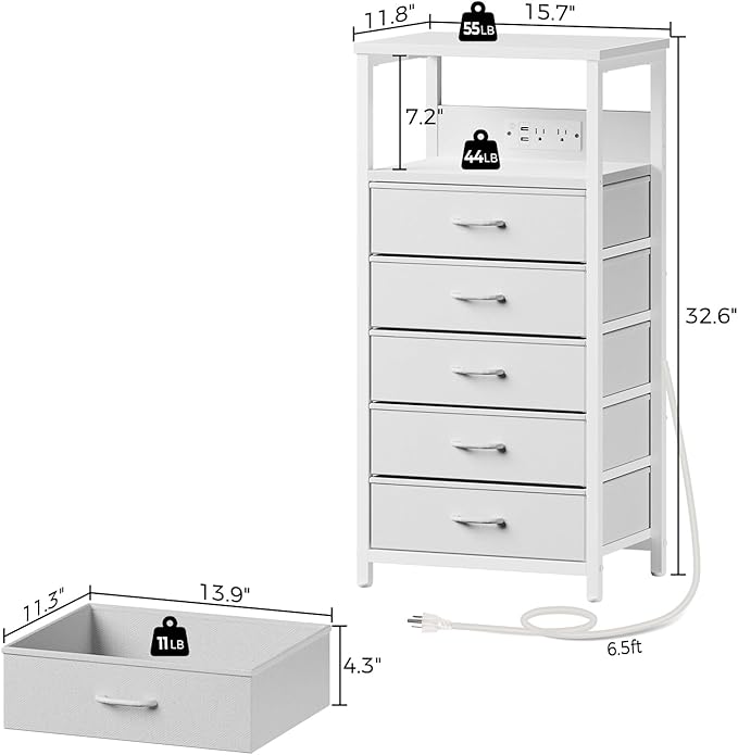 Seventable Night Stand with Charging Station, Tall Nightstand with 5 Fabric - Image 3