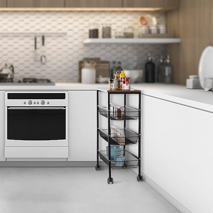 LIANTRAL Rustic Kitchen Storage Cart, 4 Tier Kitchen Cart on Wheels, Metal Mesh - Image 6