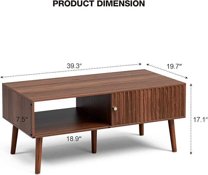 Coffee Table with Storage, Mid Century Dining Table with Sliding Fluted Door - Image 2