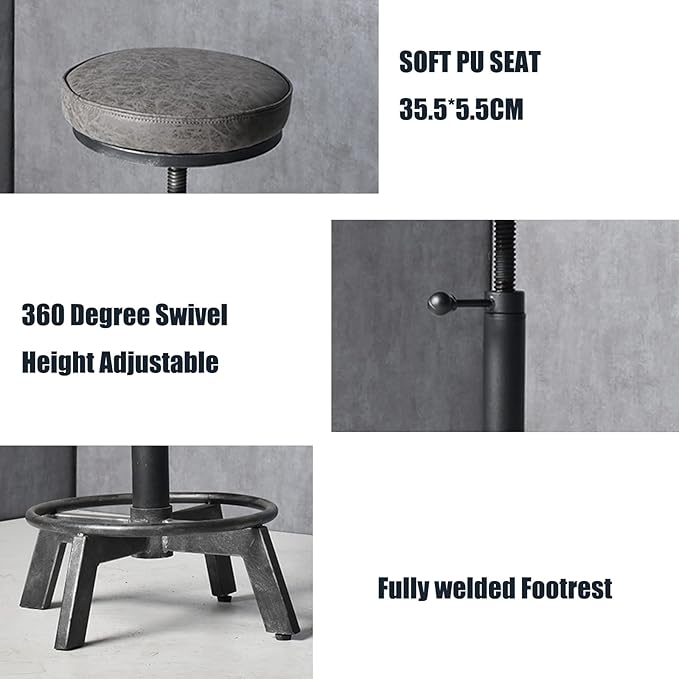 Rusitc Swivel PU Seat Bar Stools Industrial 24-28inch Height Adjustable Counter - Image 3