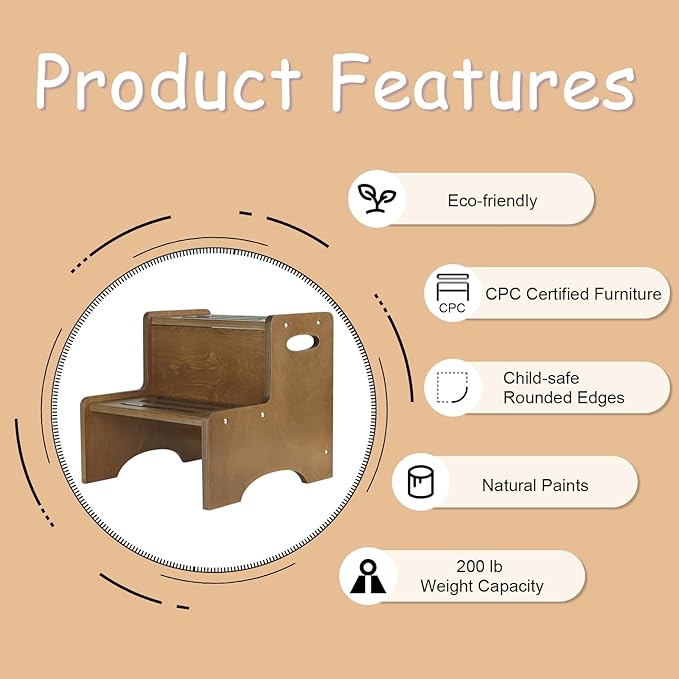 WOOD CITY Toddler Step Stool for Kids, Wooden Brown Two Step Children's Stool - Image 5