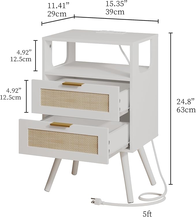 Rattan Nightstand with Charging Station, Farmhouse Bedside Table with 2 Storage - Image 2