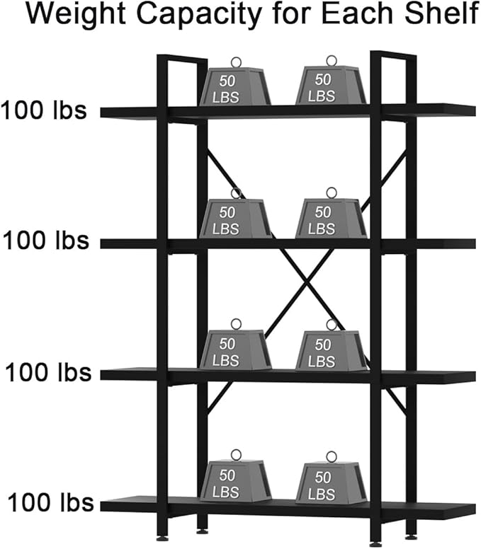 HSH 4 Tier Black Bookshelf, Industrial Metal Wood Storage Book Shelves - Image 8