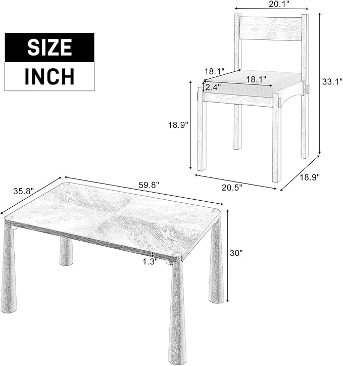 Dining Table with Chairs Set of 6, 7-Piece 60" Farmhouse Rectangular Dining - Image 2