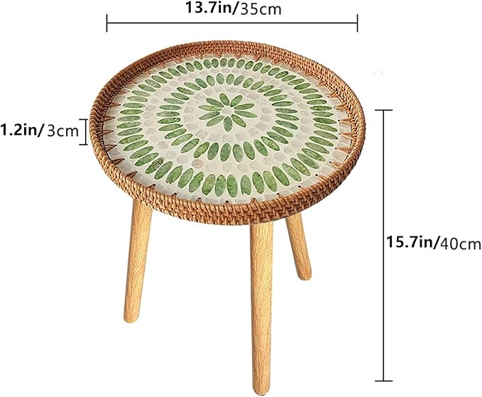 Rattan Round Side Table, Mother of Pearl Inlay Table, Round End/Side Tables - Image 2