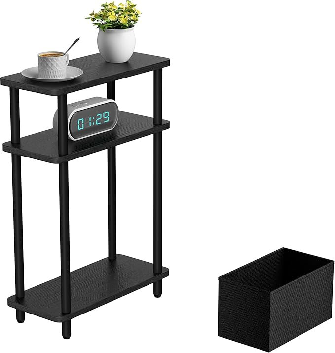 Narrow Side Table with Fabric Basket, 3 Tier Skinny End Table with Wood Legs by THUMEYE