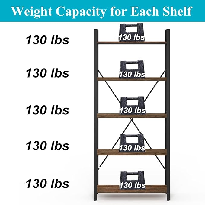 BON AUGURE Industrial Bookshelf, Etagere Bookcases and Book Shelves 5 Tier - Image 4