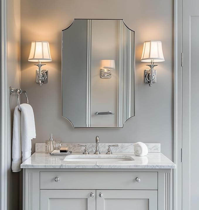 ANDY STAR Brushed Nickel Mirror 24x36 Inch, Scalloped Bathroom Mirror, by ANDYSTAR