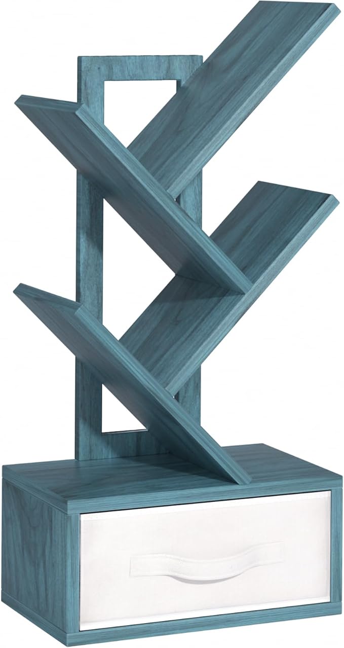 Small Book Shelf with Drawer, 4 Tier Black Tree Bookshelf, Modern Desk Display - Image 9