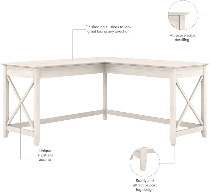 Bush Furniture Key West 60W Modern Farmhouse L Shaped Desk in Linen White Oak | - Image 5