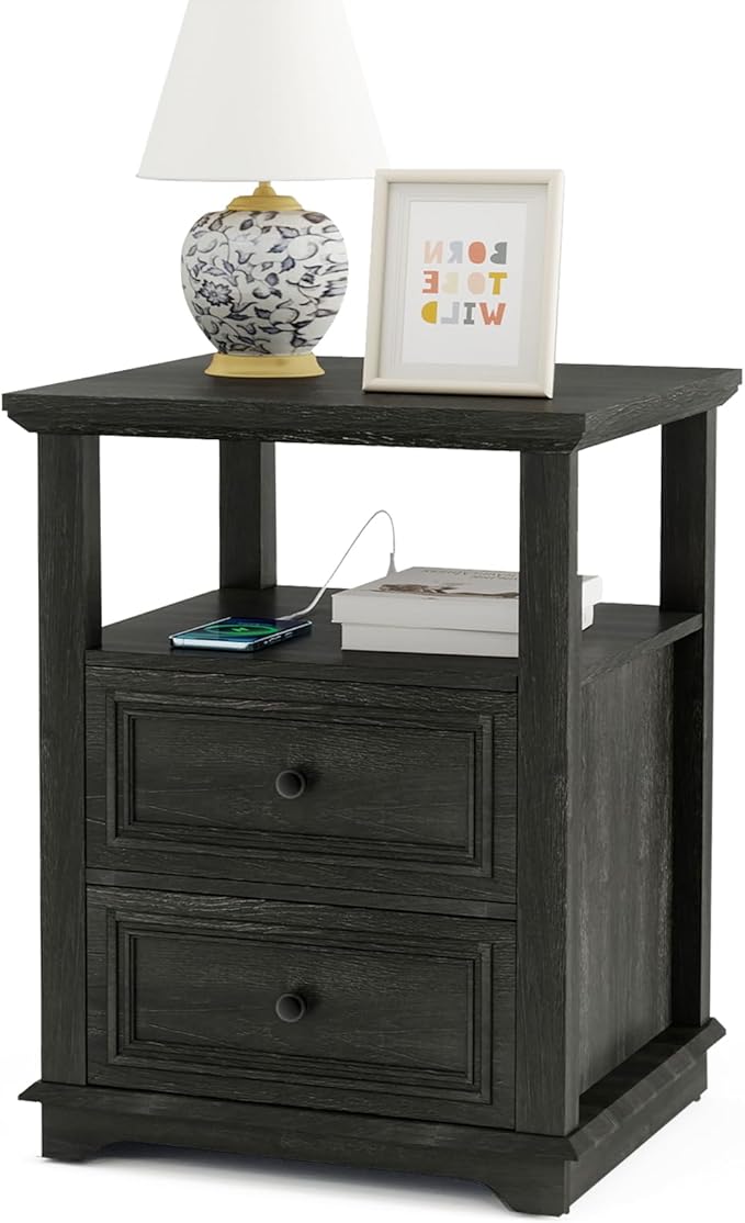 Vipbear Farmhouse Nightstand 18" Dark Gray End Table by VipbearLiving
