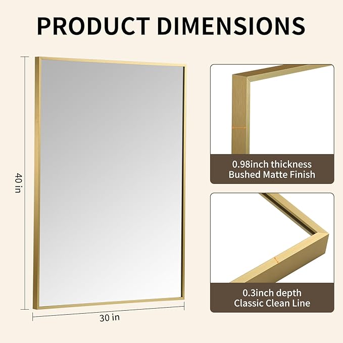 Brushed Gold Mirror, 40x30 Inch Aluminum Framed Rectangle Mirror, Tempered Glass - Image 5