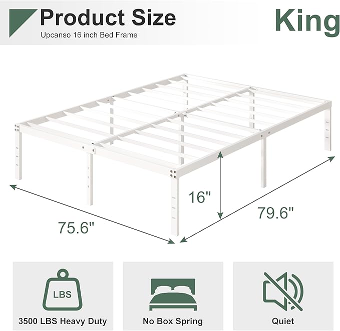 16 Inch White King Bed Frame Heavy Duty Metal Platform King Size Bed Frames - Image 2