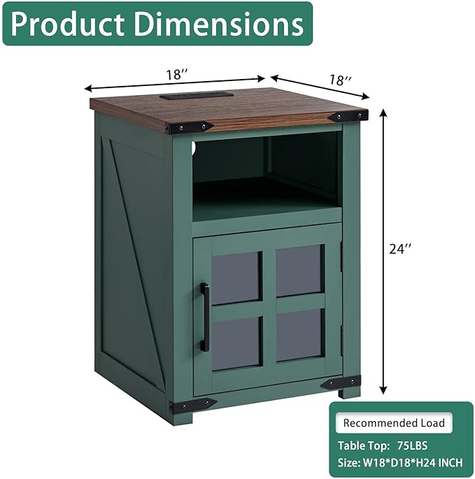 Farmhouse Nightstand with Charging Station, Rustic End Table with Tempered - Image 2