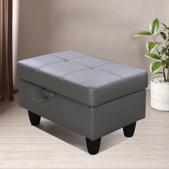 Dark Grey L-Shaped 3-Piece Faux Leather Sofa - Image 4