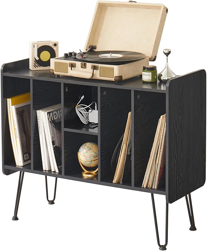 Large Record Player Stand with Vinyl Storage, Holds Up to 200 Albums, Turntable by Leesingdo
