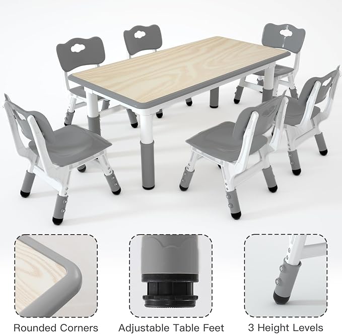 Kids Table and 6 Chairs Set，Height Adjustable Children Table & Chair，Toddlers - Image 3