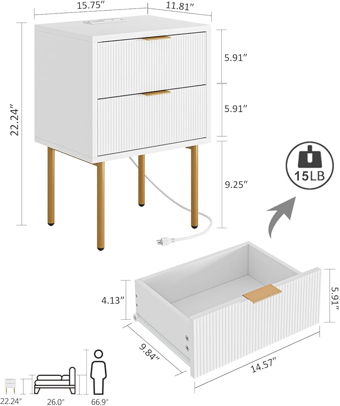 Masupu Nightstand with Charging Station, Mid-Century Modern Bedside Table with - Image 2
