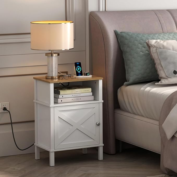 Farmhouse Nightstand with Charging Station, End Table with Storage, Night Stand - Image 7