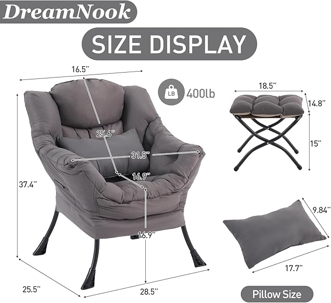 Lazy Chair with Ottoman, Modern Accent Chair with Lumbar Pillow, Comfy Chairs - Image 3