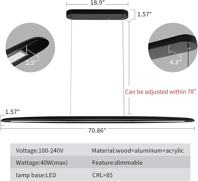 71" Wood Linear Pendant Light Black Linear Pendant Dinning Room Hanging Lights - Image 3