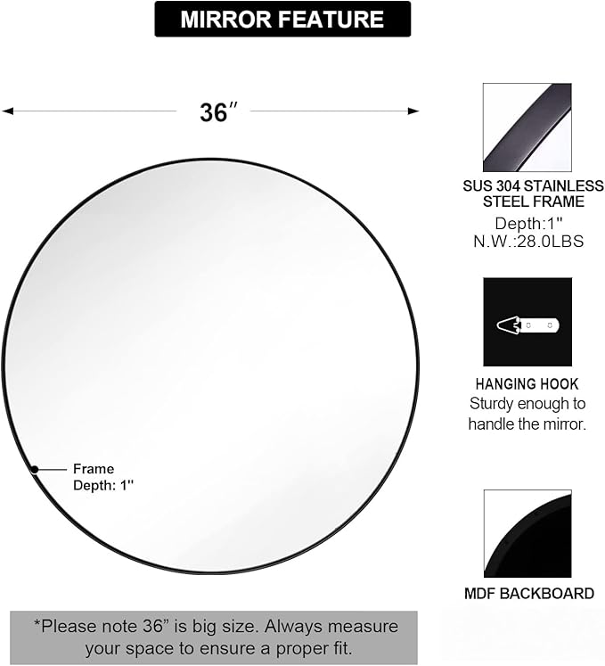 ANDY STAR 36" Black Round Mirror, 36 inch Round Black Mirror Bathroom, Big - Image 2