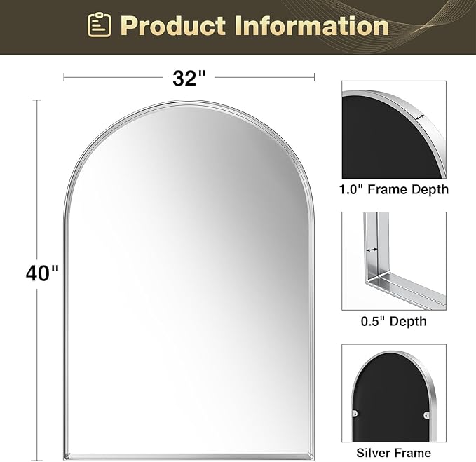 Brightify Arched Mirror, Arched Wall Mirror, 32 x 40 Inch Silver Arch Mirror - Image 6