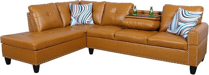 L Shaped Sectional Sofa with Ottoman, Nail-Head Design Leather Right Facing - Image 5