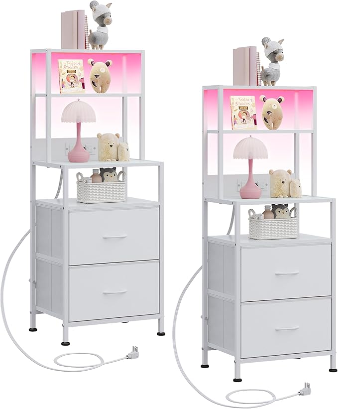 WLIVE Nightstand Set of 2 with Charging Station, LED Night Stands with 2 Fabric by WLIVE