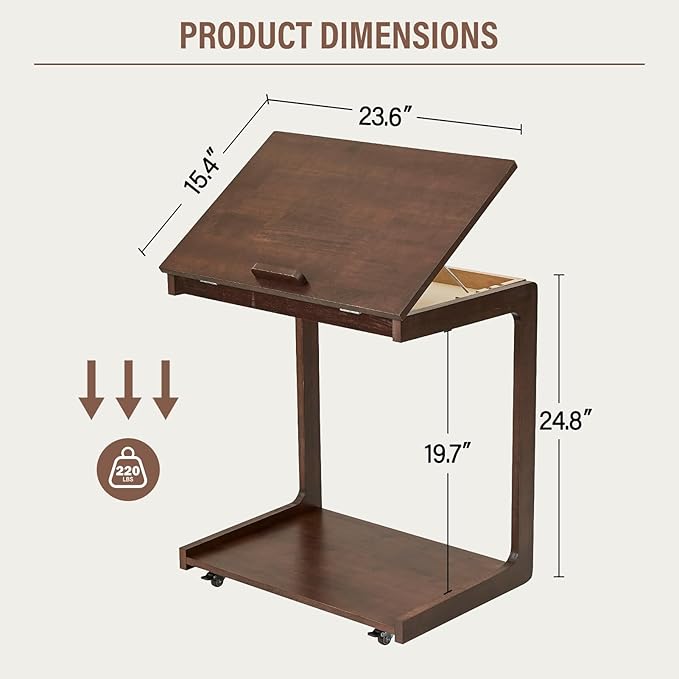 CozyDH Adjustable C Shaped End Table, Rolling Side Table Solid Wood TV Sofa - Image 2