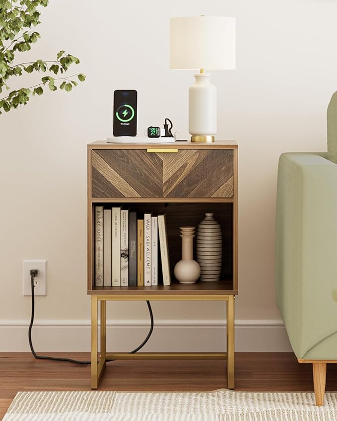 Nightstand with Charging Station, Modern Night Stand Boho Farmhouse Wood by Unknown