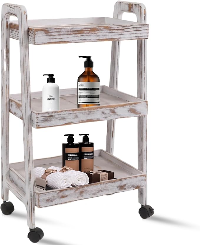 3-Tiers Ladder Shelf with Wheels, Wooden Rolling Cart, Solid Pine Wood Ladder - Image 3