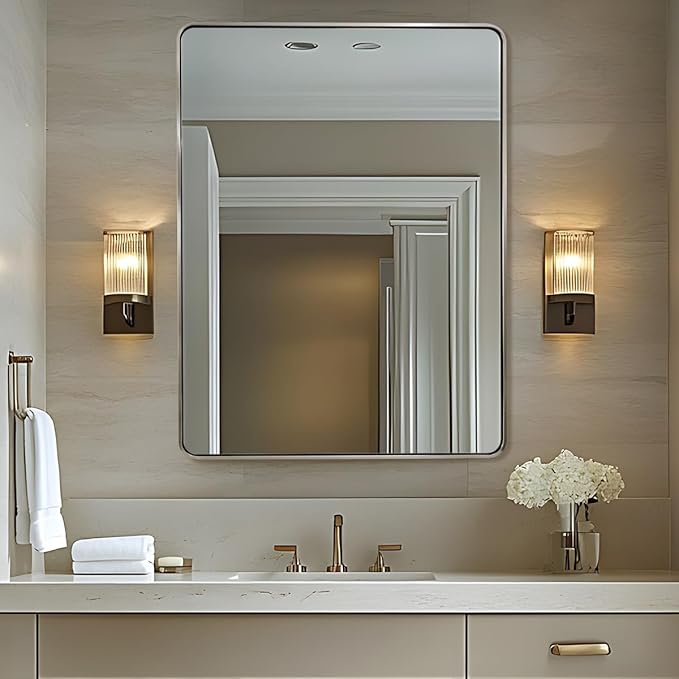 ANDY STAR 48x36 Inch Brushed Nickel Bathroom Mirror, Rounded Rectangle Bathroom - Image 8