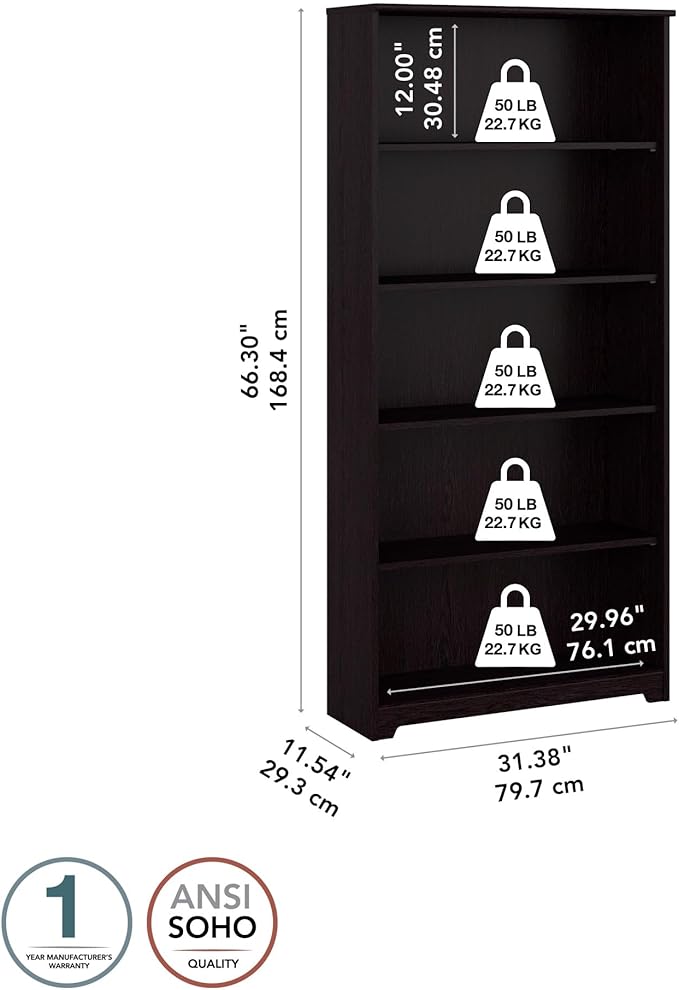 Bush Furniture Tall 5 Shelf Bookcase, Large Open Bookshelf, Sturdy Display - Image 3