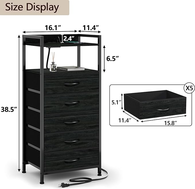 Furnulem Night Stand with Charging Station, Tall Black Dresser - Image 3