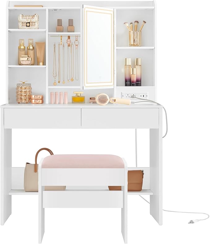 VASAGLE Vanity Desk with Power Outlets, Makeup Vanity with Mirror and Lights by VASAGLEbySONGMICSHOME