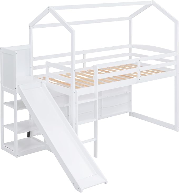 Twin Size House Loft Bed with Slide, Storage Shelves and Light, Wood Kids Bed - Image 4