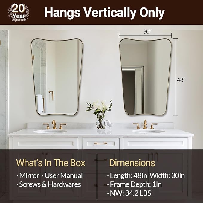 ANDY STAR 30x48 Inch Brushed Gold Mirror, Large Asymmetrical Wall Mirror - Image 2