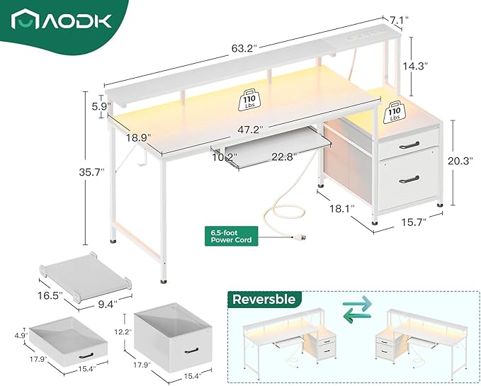 AODK Computer Desk with Drawers and Keyboard Tray, Reversible Study Work Desk - Image 3