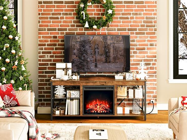 HOOBRO Fireplace TV Stand with Charging Station and LED Lights, TV Stand with - Image 2