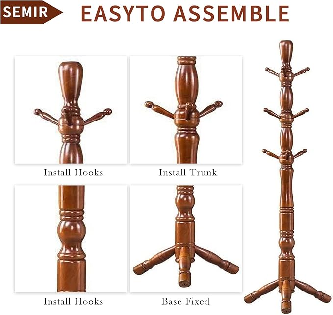 Wood Coat Rack Hall Tree, Stable Triangle Base Coat Tree - Image 5