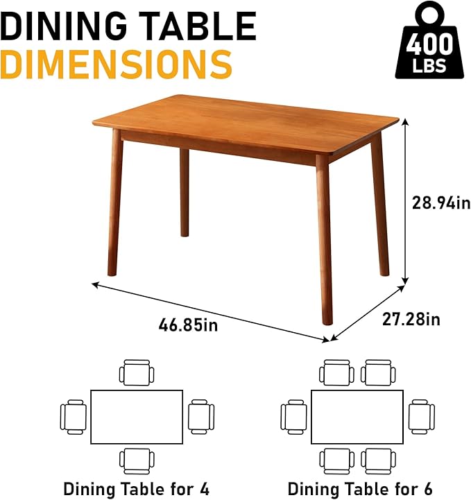 BAKEVE Dining Table for 4-6 Person- 47.2'' Solid Wood Kitchen Table, Mid - Image 2